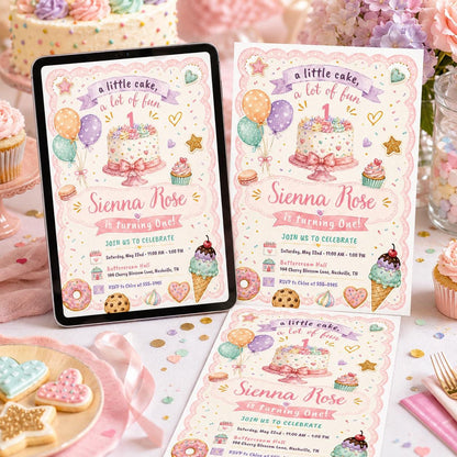 Printed Pink Cake Party Invitation, Girl First Birthday Invite, 1 Year Old, Watercolor Green Candle Balloons Hat, Classic Preppy Traditional __etsy:8128872579