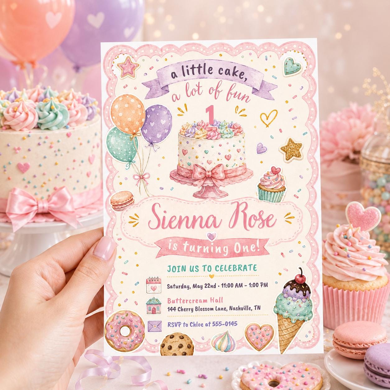 Printed Pink Cake Party Invitation, Girl First Birthday Invite, 1 Year Old, Watercolor Green Candle Balloons Hat, Classic Preppy Traditional __etsy:8128872589