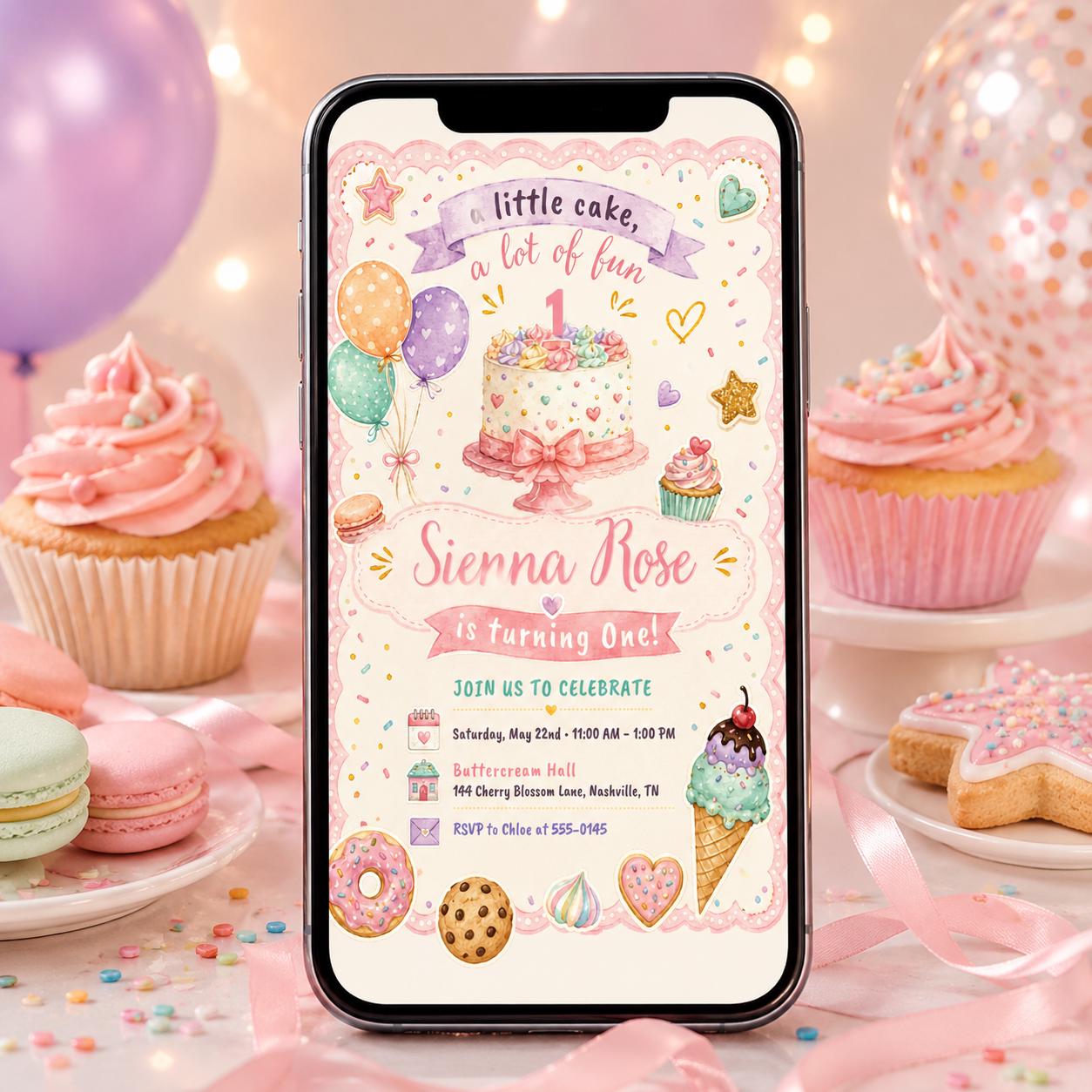 Printed Pink Cake Party Invitation, Girl First Birthday Invite, 1 Year Old, Watercolor Green Candle Balloons Hat, Classic Preppy Traditional __etsy:8128872595