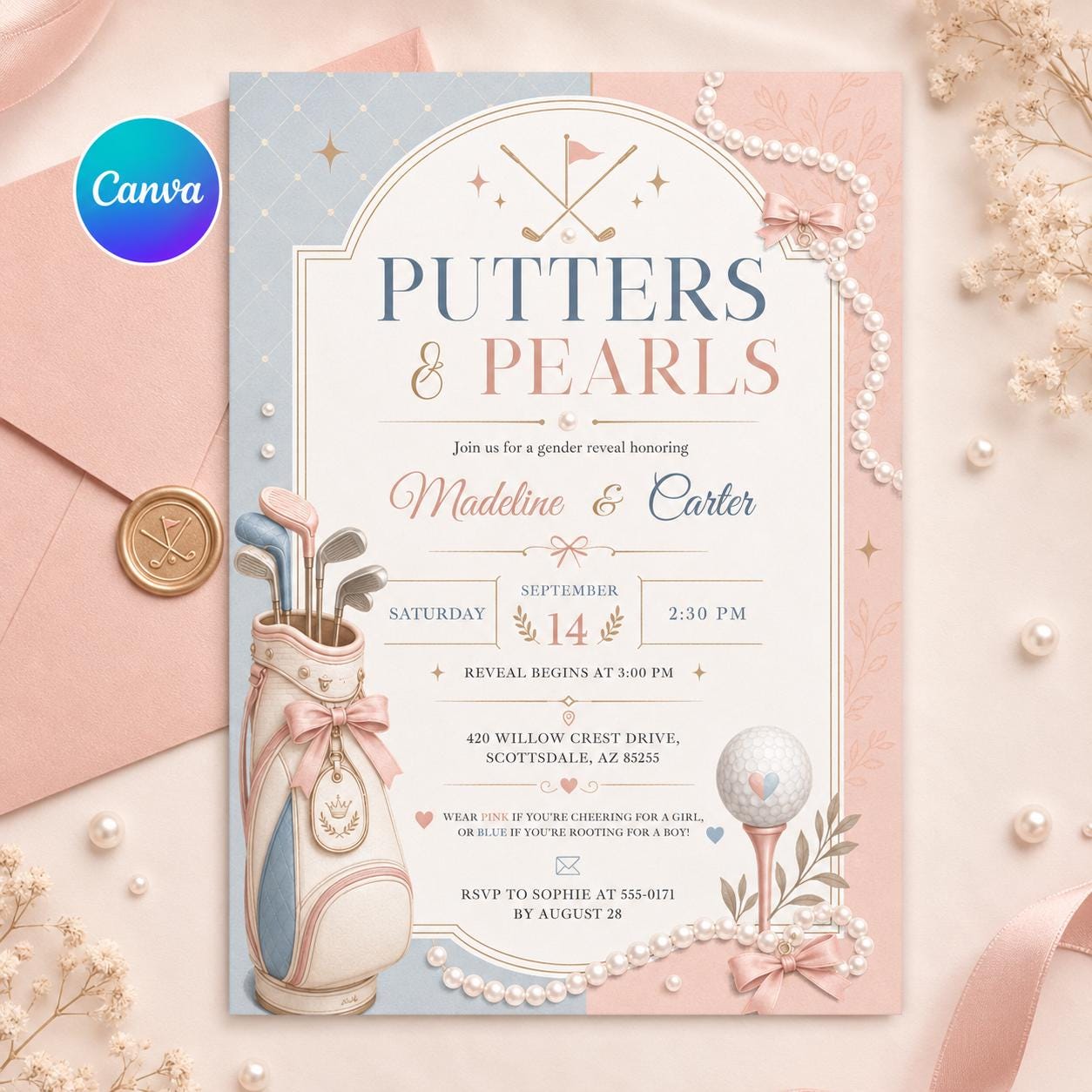 Putters or Pearls Gender Reveal Invitation , Let's Partee Golf Gender Reveal Invite, Sport Golf Cart Gender Reveal Invite, Canva Template __etsy:8104237175