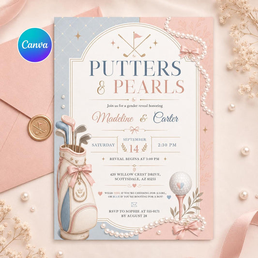 Putters or Pearls Gender Reveal Invitation , Let's Partee Golf Gender Reveal Invite, Sport Golf Cart Gender Reveal Invite, Canva Template __etsy:8104237175