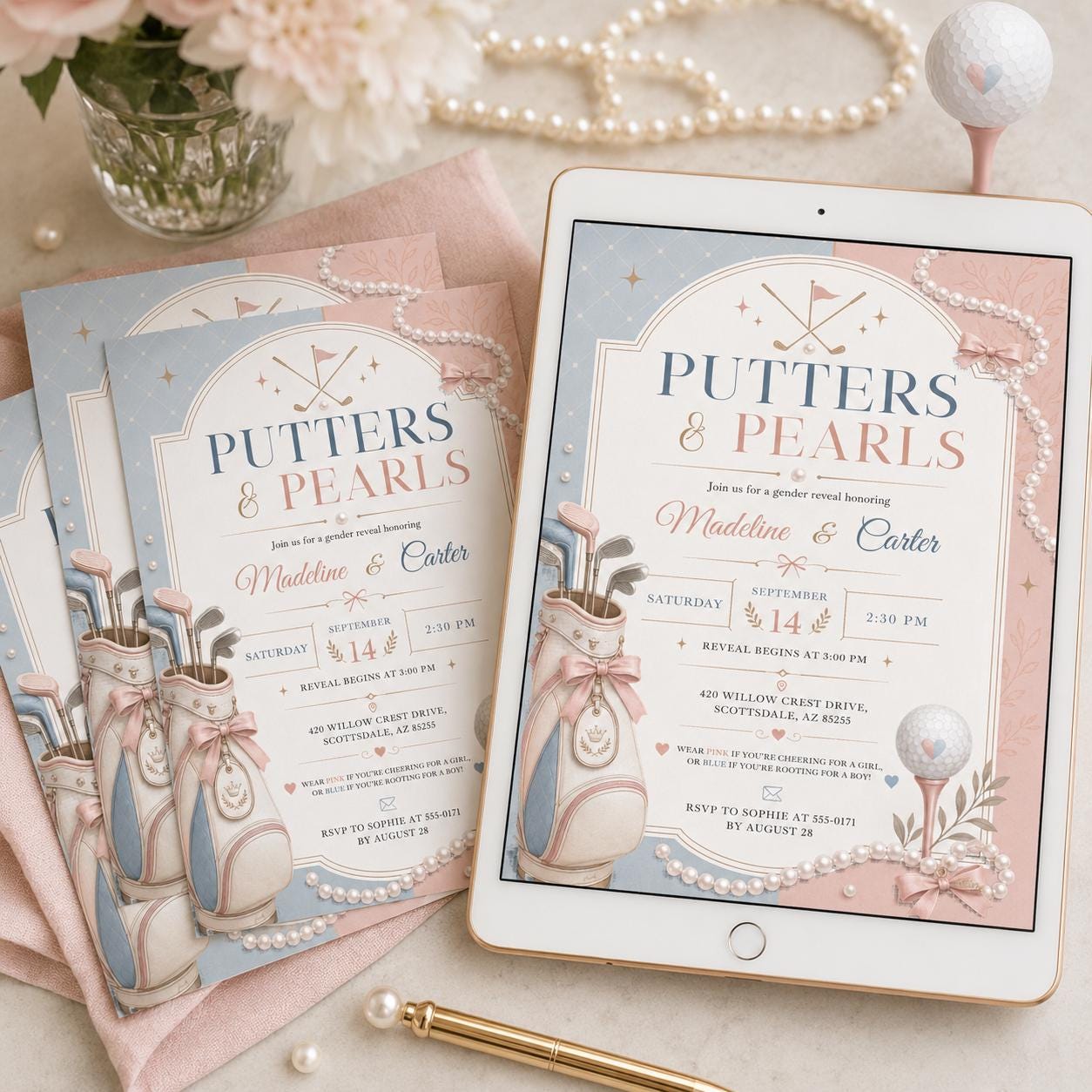 Putters or Pearls Gender Reveal Invitation , Let's Partee Golf Gender Reveal Invite, Sport Golf Cart Gender Reveal Invite, Canva Template __etsy:8056323872
