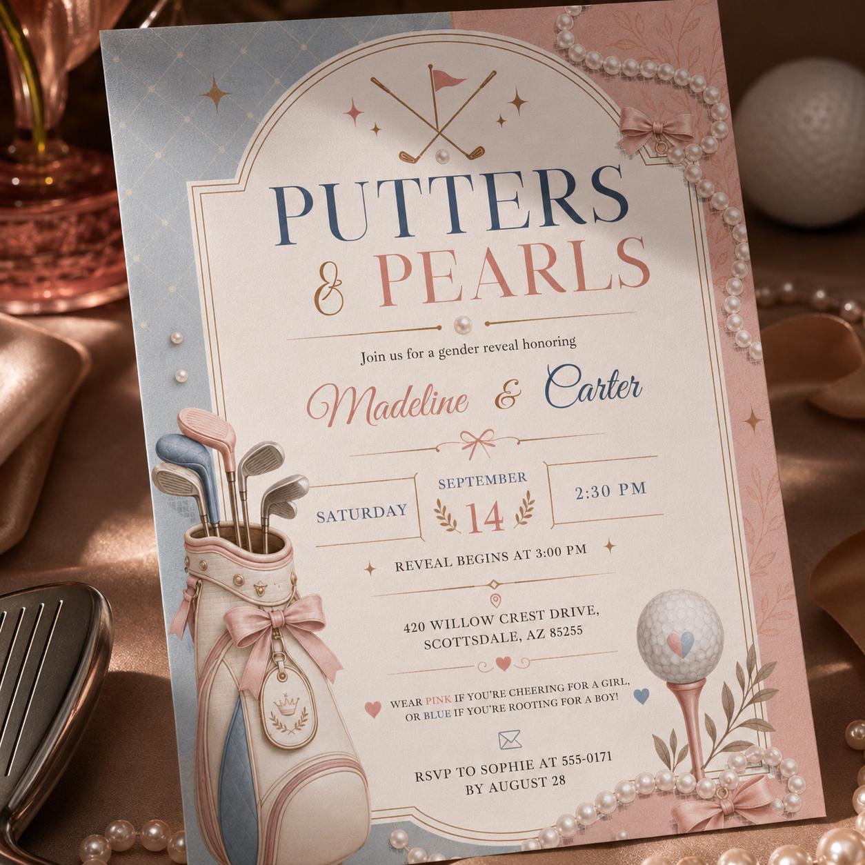 Putters or Pearls Gender Reveal Invitation , Let's Partee Golf Gender Reveal Invite, Sport Golf Cart Gender Reveal Invite, Canva Template __etsy:8056323876