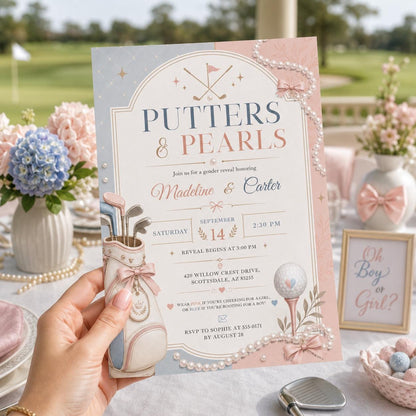 Putters or Pearls Gender Reveal Invitation , Let's Partee Golf Gender Reveal Invite, Sport Golf Cart Gender Reveal Invite, Canva Template __etsy:8056323886