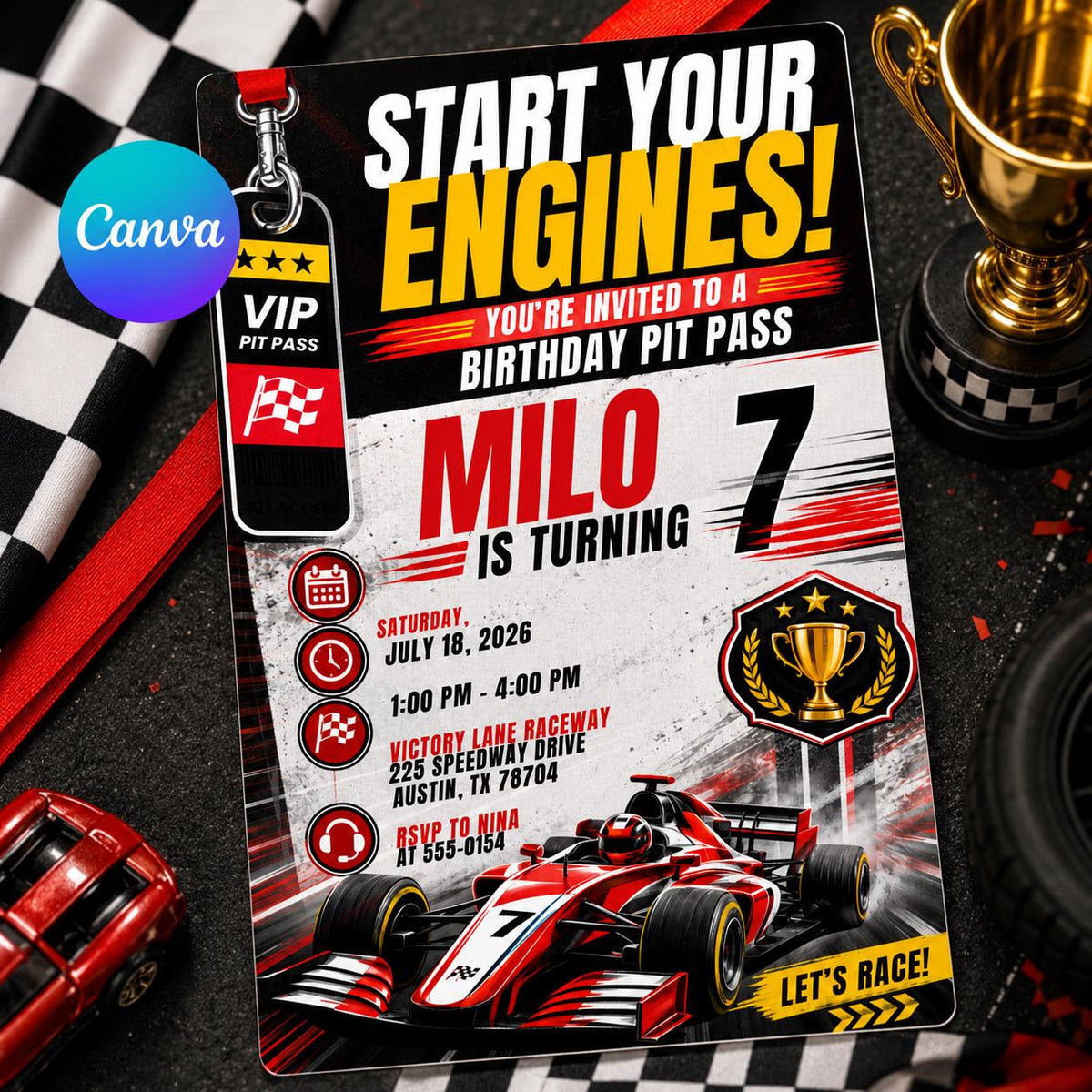 Checkered Race Car Birthday Invitation — editable Canva template