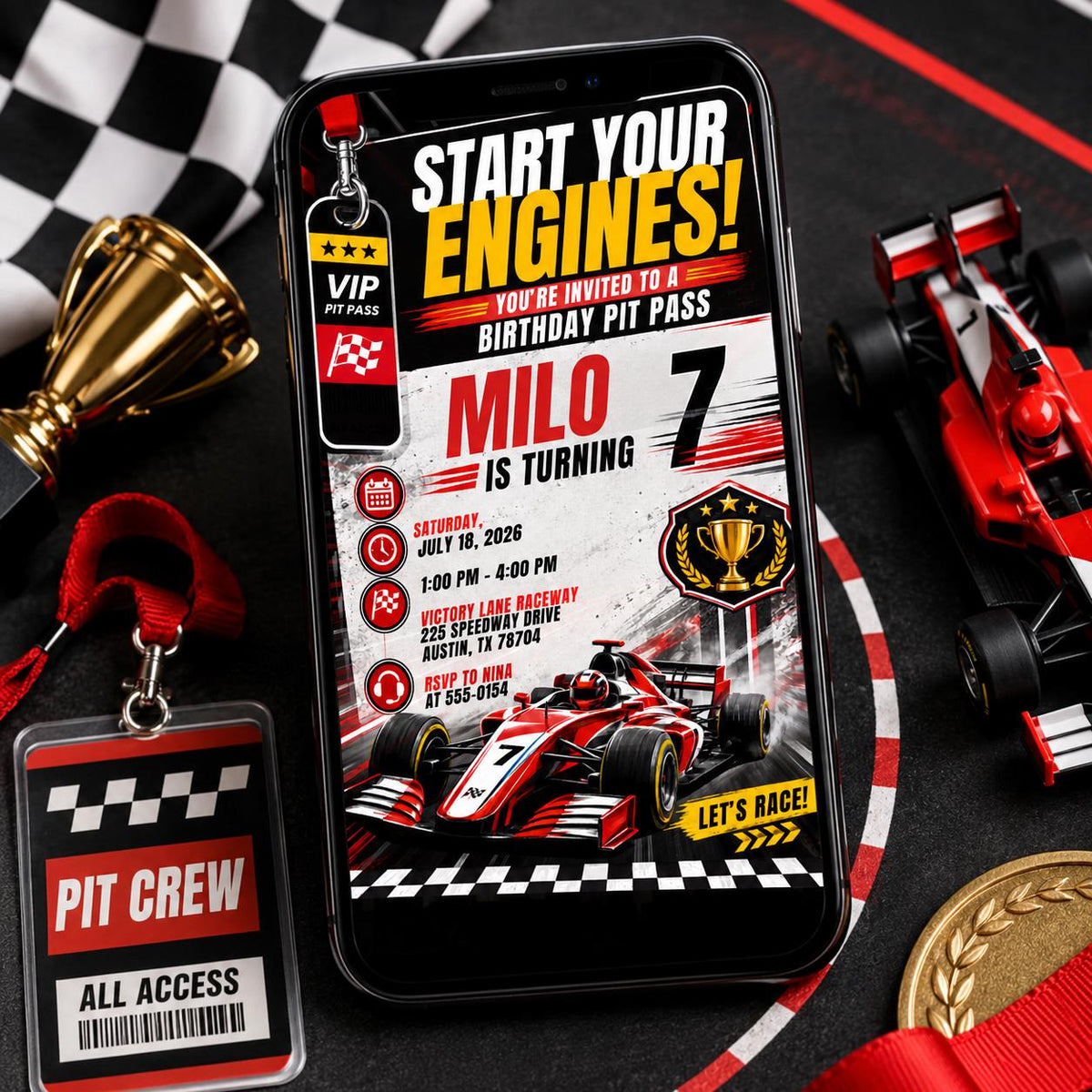 Checkered Race Car Birthday Invitation — print-ready birthday party design from VoltBy