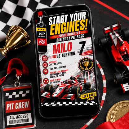 Checkered Race Car Birthday Invitation — print-ready birthday party design from VoltBy