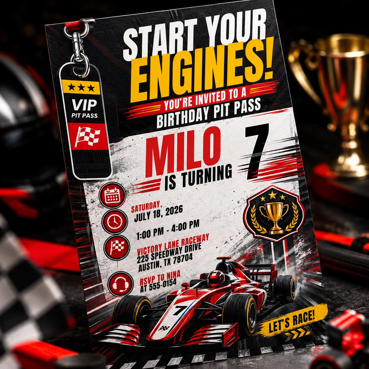 Checkered Race Car Birthday Invitation — digital invitation, instant download