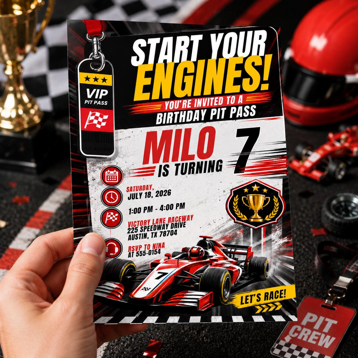 Checkered Race Car Birthday Invitation — design view 2
