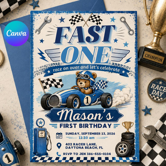 Race Car First Birthday Invitation, Editable Fast One Race Car 1st Birthday, Race Car 1st Birthday Invitation, Fast One, Canva Template __etsy:8008698456