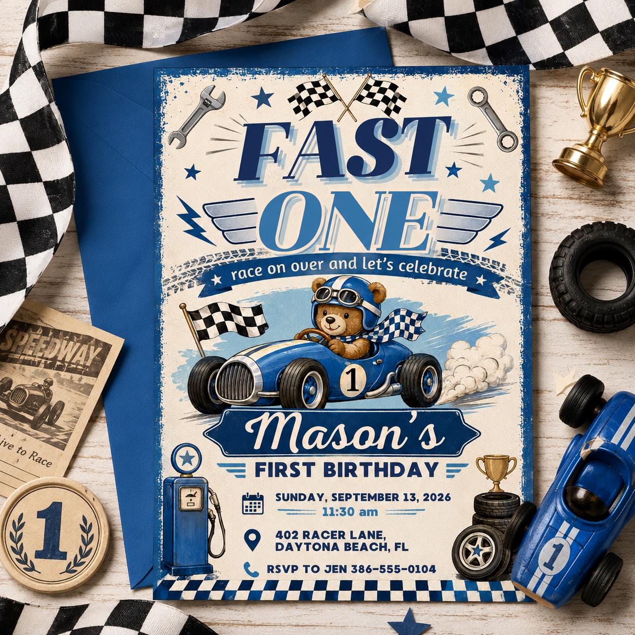 Race Car First Birthday Invitation, Editable Fast One Race Car 1st Birthday, Race Car 1st Birthday Invitation, Fast One, Canva Template __etsy:8056610177