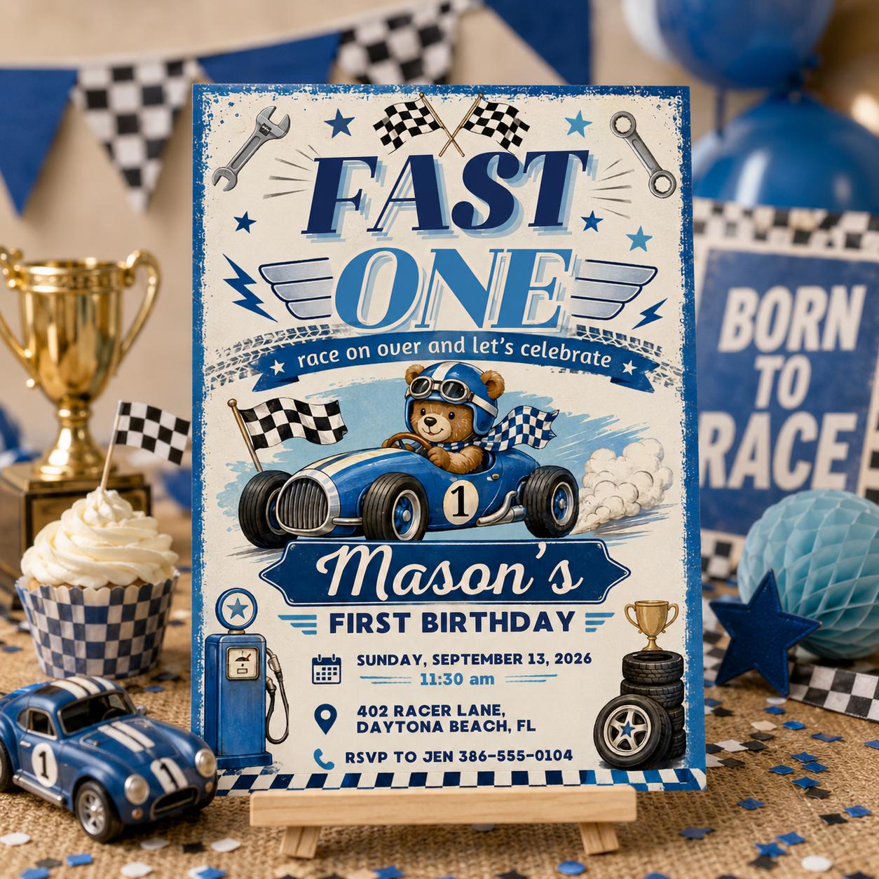 Race Car First Birthday Invitation, Editable Fast One Race Car 1st Birthday, Race Car 1st Birthday Invitation, Fast One, Canva Template __etsy:8008693108