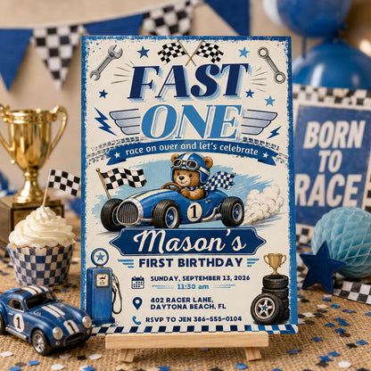 Race Car First Birthday Invitation, Editable Fast One Race Car 1st Birthday, Race Car 1st Birthday Invitation, Fast One, Canva Template __etsy:8008693108