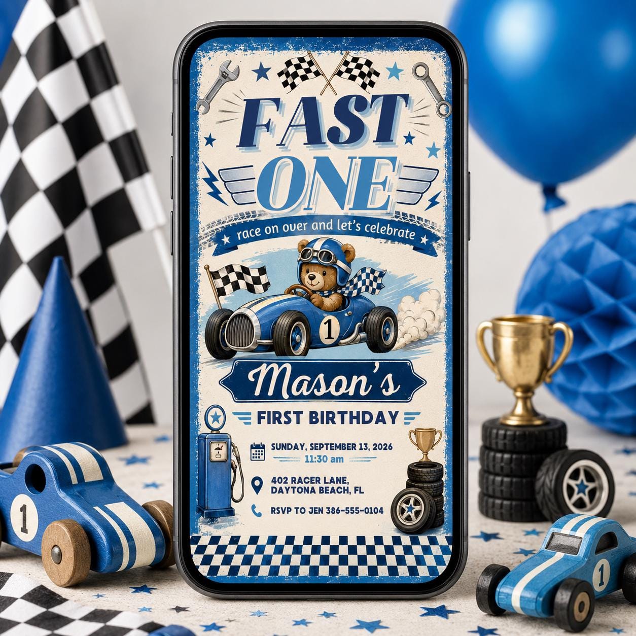 Race Car First Birthday Invitation, Editable Fast One Race Car 1st Birthday, Race Car 1st Birthday Invitation, Fast One, Canva Template __etsy:8056610663