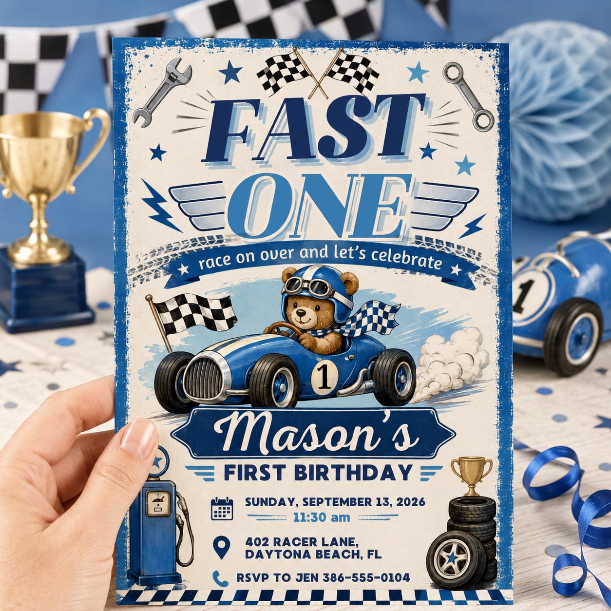 Race Car First Birthday Invitation, Editable Fast One Race Car 1st Birthday, Race Car 1st Birthday Invitation, Fast One, Canva Template __etsy:8056610661
