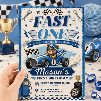 Race Car First Birthday Invitation, Editable Fast One Race Car 1st Birthday, Race Car 1st Birthday Invitation, Fast One, Canva Template __etsy:8056610661