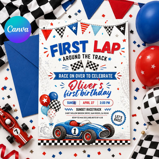 Race Car First Birthday Invitation, Racing Car Birthday Invitation, First Lap Around the Track, 1st Birthday, Editable Canva Template __etsy:8048779281