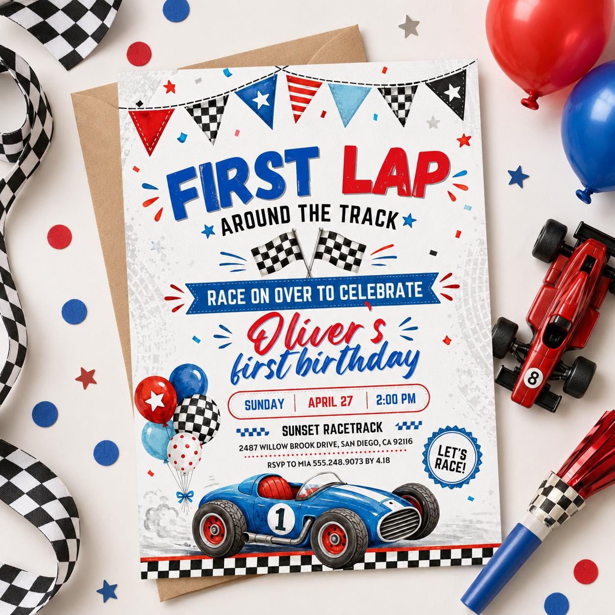 Race Car First Birthday Invitation, Racing Car Birthday Invitation, First Lap Around the Track, 1st Birthday, Editable Canva Template __etsy:8047152545