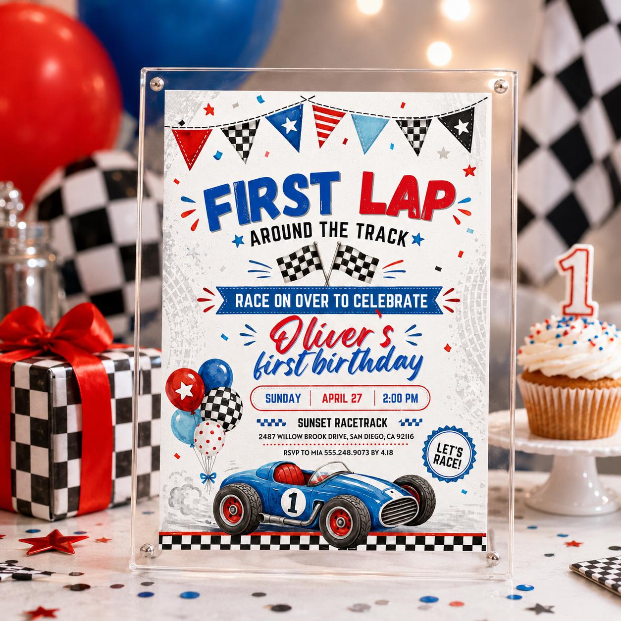 Race Car First Birthday Invitation, Racing Car Birthday Invitation, First Lap Around the Track, 1st Birthday, Editable Canva Template __etsy:7999220232