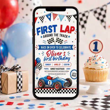 Race Car First Birthday Invitation, Racing Car Birthday Invitation, First Lap Around the Track, 1st Birthday, Editable Canva Template __etsy:7999220234