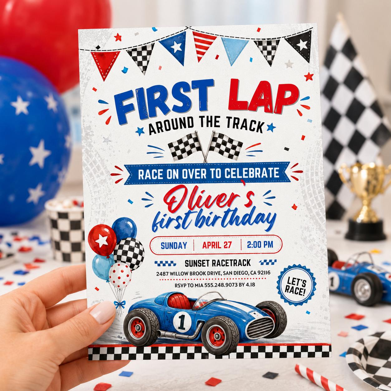 Race Car First Birthday Invitation, Racing Car Birthday Invitation, First Lap Around the Track, 1st Birthday, Editable Canva Template __etsy:8047152547
