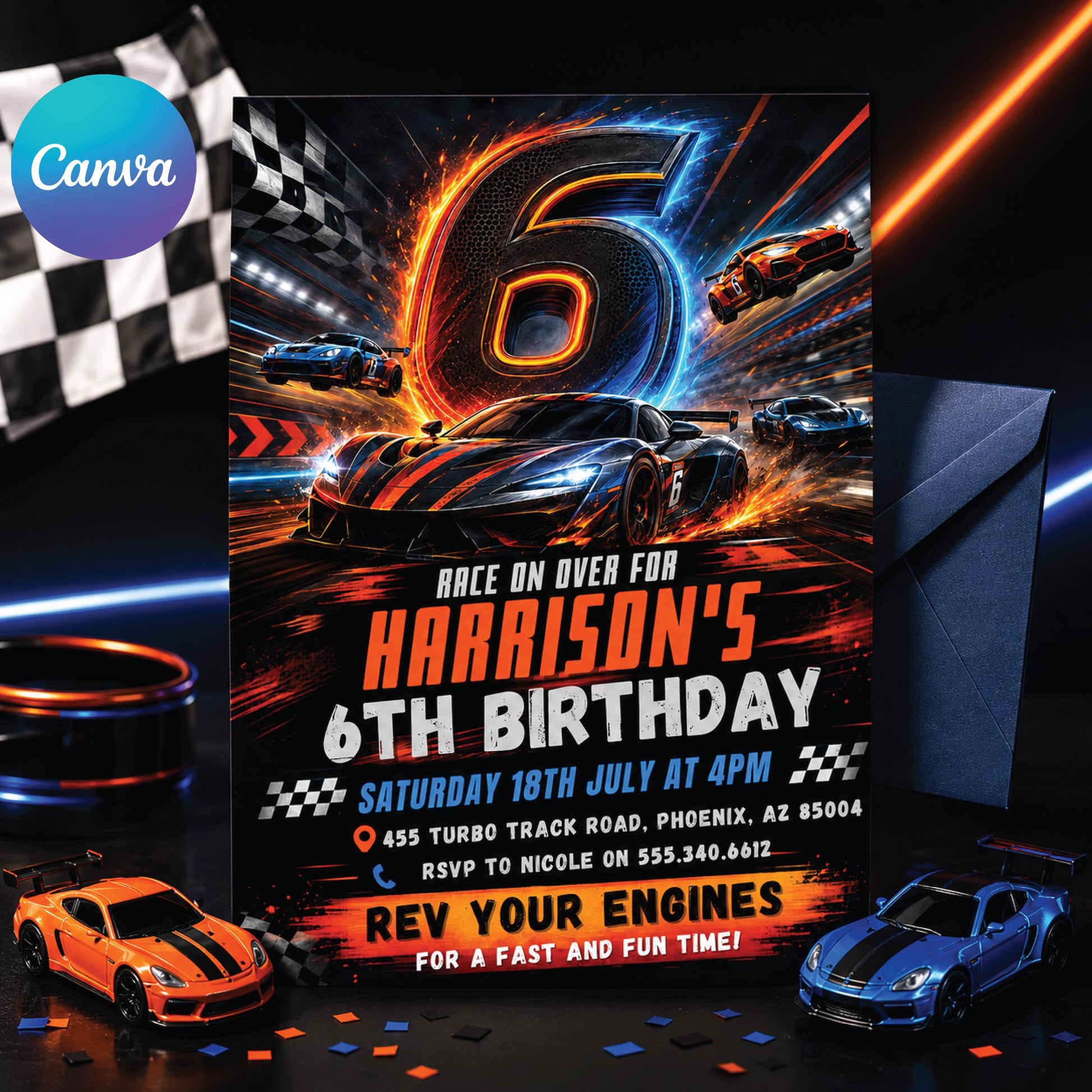 Race Car 6th Birthday Invitation, Racecar Party, Racing Car Party, Sport Race Car Invite, Boys 6th Birthday Party Invitation, Editable Canva __etsy:8023360814