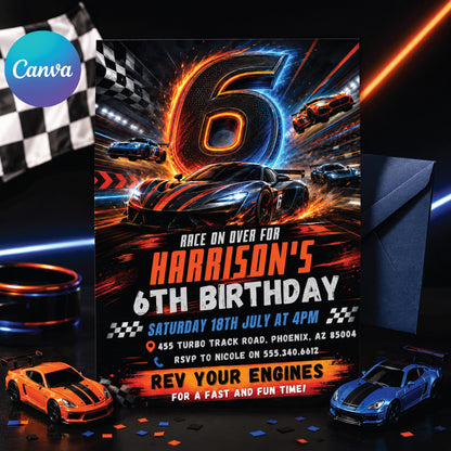 Race Car 6th Birthday Invitation, Racecar Party, Racing Car Party, Sport Race Car Invite, Boys 6th Birthday Party Invitation, Editable Canva __etsy:8023360814