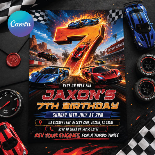 Race Car 7th Birthday Invitation, Racecar Party, Racing Car Party, Sport Race Car Invite, Boys 7th Birthday Party Invitation, Editable Canva __etsy:8071272467