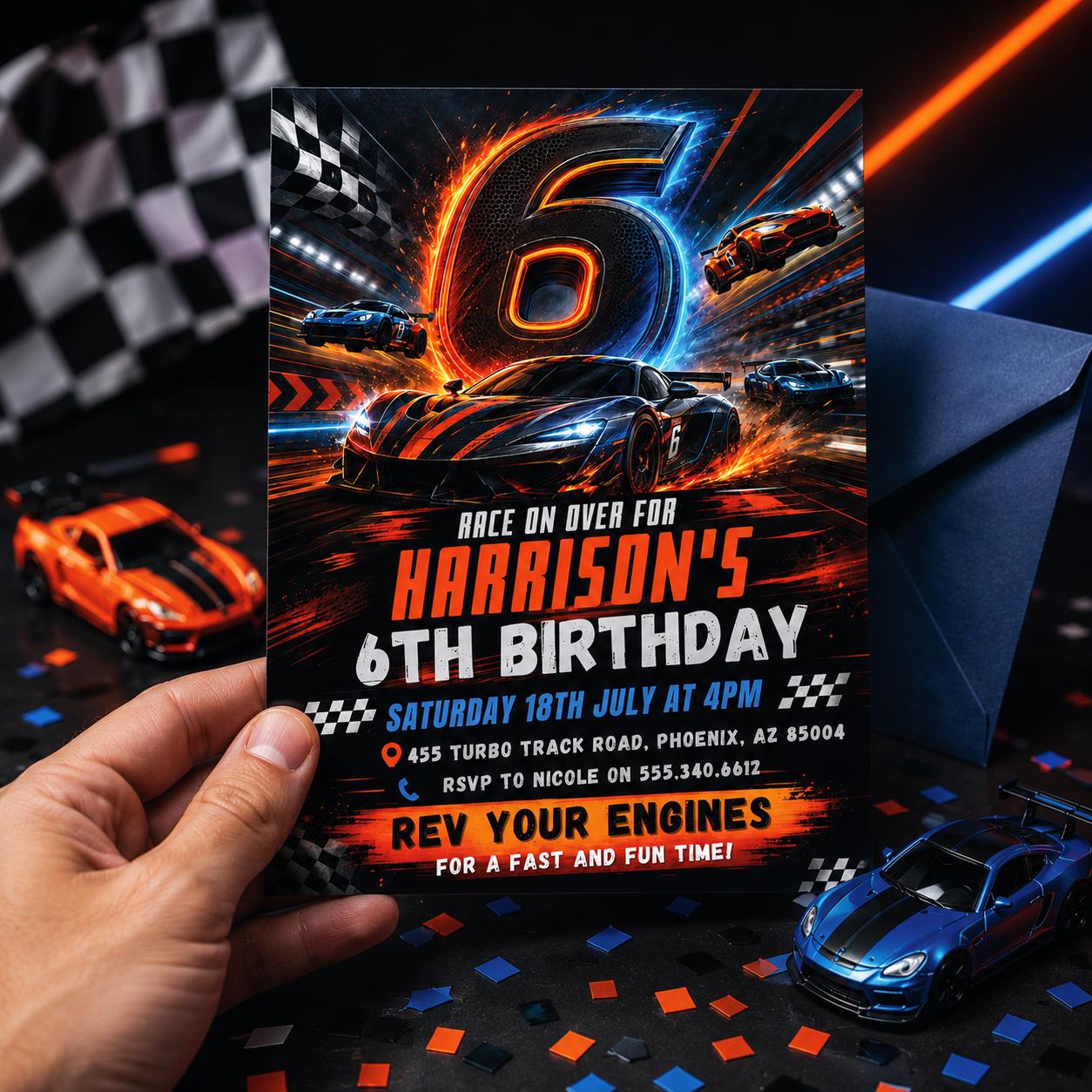 Race Car 6th Birthday Invitation, Racecar Party, Racing Car Party, Sport Race Car Invite, Boys 6th Birthday Party Invitation, Editable Canva __etsy:8071270585