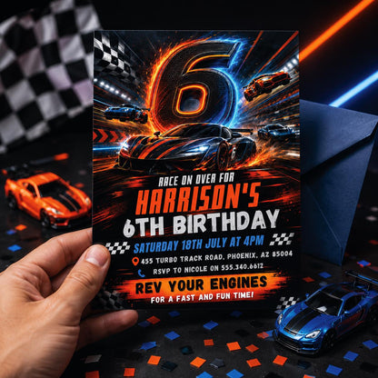 Race Car 6th Birthday Invitation, Racecar Party, Racing Car Party, Sport Race Car Invite, Boys 6th Birthday Party Invitation, Editable Canva __etsy:8071270585
