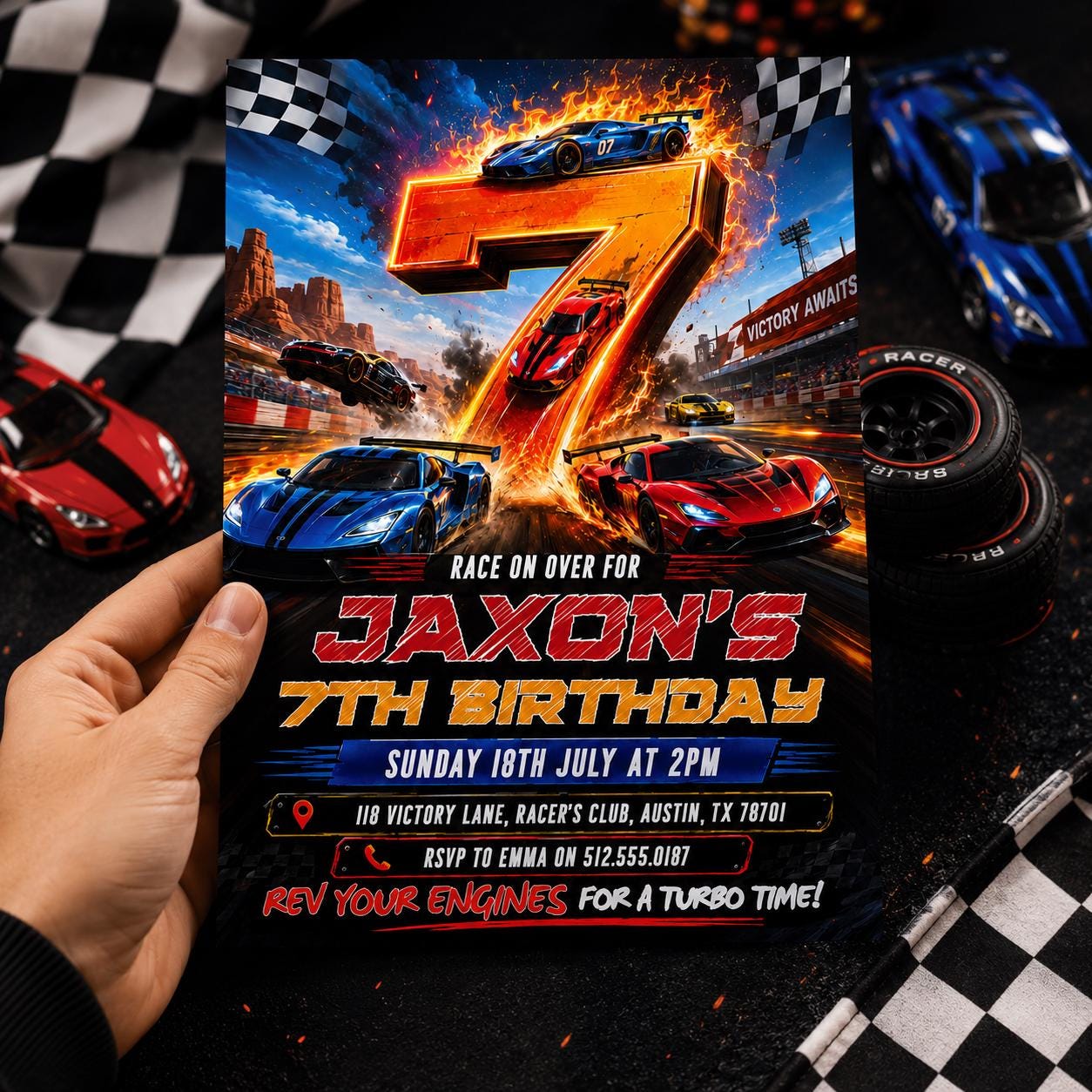 Race Car 7th Birthday Invitation, Racecar Party, Racing Car Party, Sport Race Car Invite, Boys 7th Birthday Party Invitation, Editable Canva __etsy:8023358374