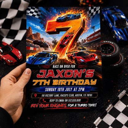 Race Car 7th Birthday Invitation, Racecar Party, Racing Car Party, Sport Race Car Invite, Boys 7th Birthday Party Invitation, Editable Canva __etsy:8023358374