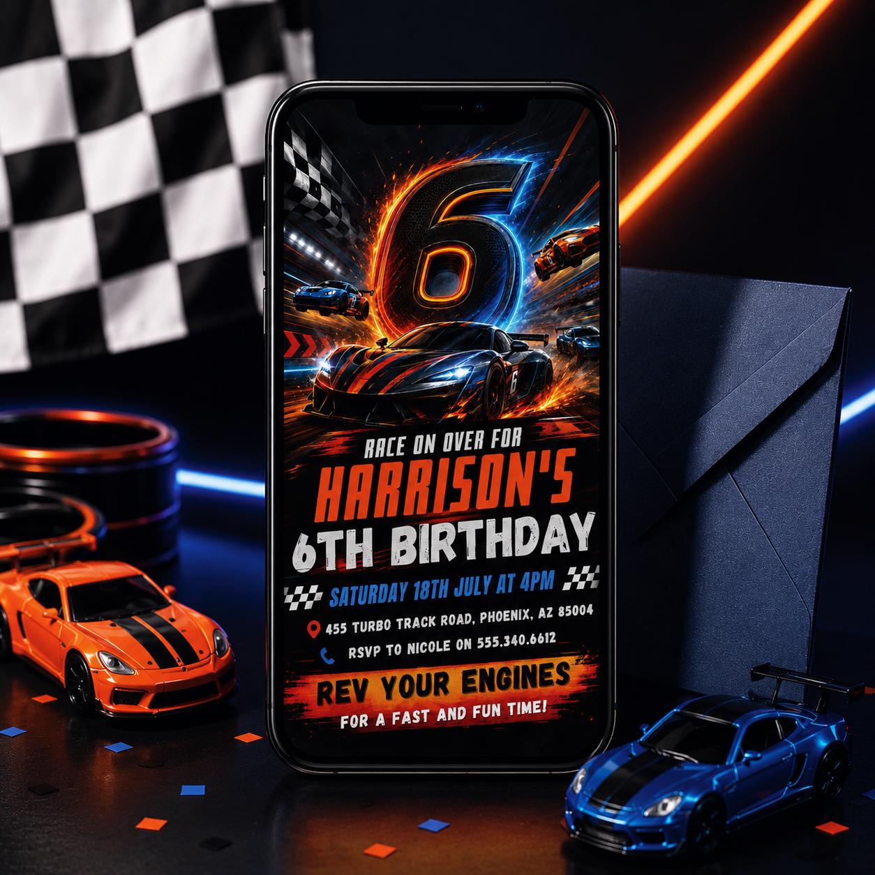 Race Car 6th Birthday Invitation, Racecar Party, Racing Car Party, Sport Race Car Invite, Boys 6th Birthday Party Invitation, Editable Canva __etsy:8071270601
