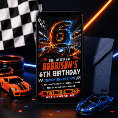 Race Car 6th Birthday Invitation, Racecar Party, Racing Car Party, Sport Race Car Invite, Boys 6th Birthday Party Invitation, Editable Canva __etsy:8071270601