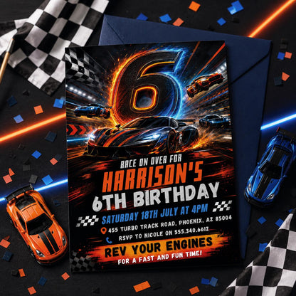 Race Car 6th Birthday Invitation, Racecar Party, Racing Car Party, Sport Race Car Invite, Boys 6th Birthday Party Invitation, Editable Canva __etsy:8023358790