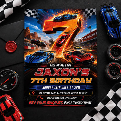 Race Car 7th Birthday Invitation, Racecar Party, Racing Car Party, Sport Race Car Invite, Boys 7th Birthday Party Invitation, Editable Canva __etsy:8071270209