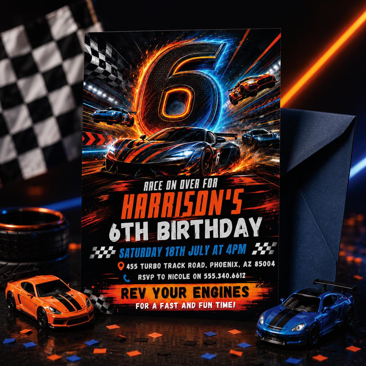 Race Car 6th Birthday Invitation, Racecar Party, Racing Car Party, Sport Race Car Invite, Boys 6th Birthday Party Invitation, Editable Canva __etsy:8071270605