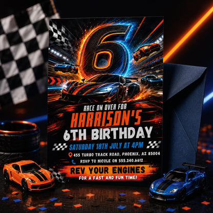 Race Car 6th Birthday Invitation, Racecar Party, Racing Car Party, Sport Race Car Invite, Boys 6th Birthday Party Invitation, Editable Canva __etsy:8071270605