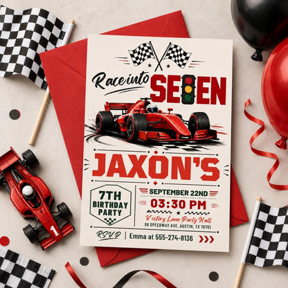 Race Into Seven Invitation, Fast Seven Race Car Invite Fast Five Race Car Birthday Invitation, 7h Birthday Party Invite, Canva Template __etsy:8027657992
