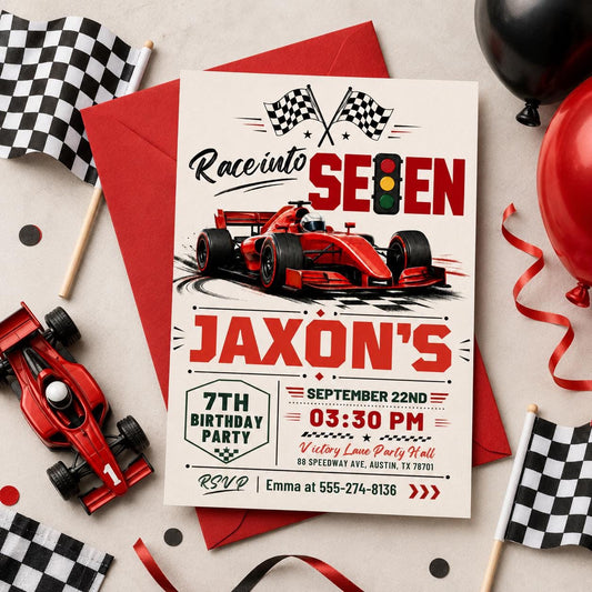 Race Into Seven Invitation, Fast Seven Race Car Invite Fast Five Race Car Birthday Invitation, 7h Birthday Party Invite, Canva Template __etsy:8027657992