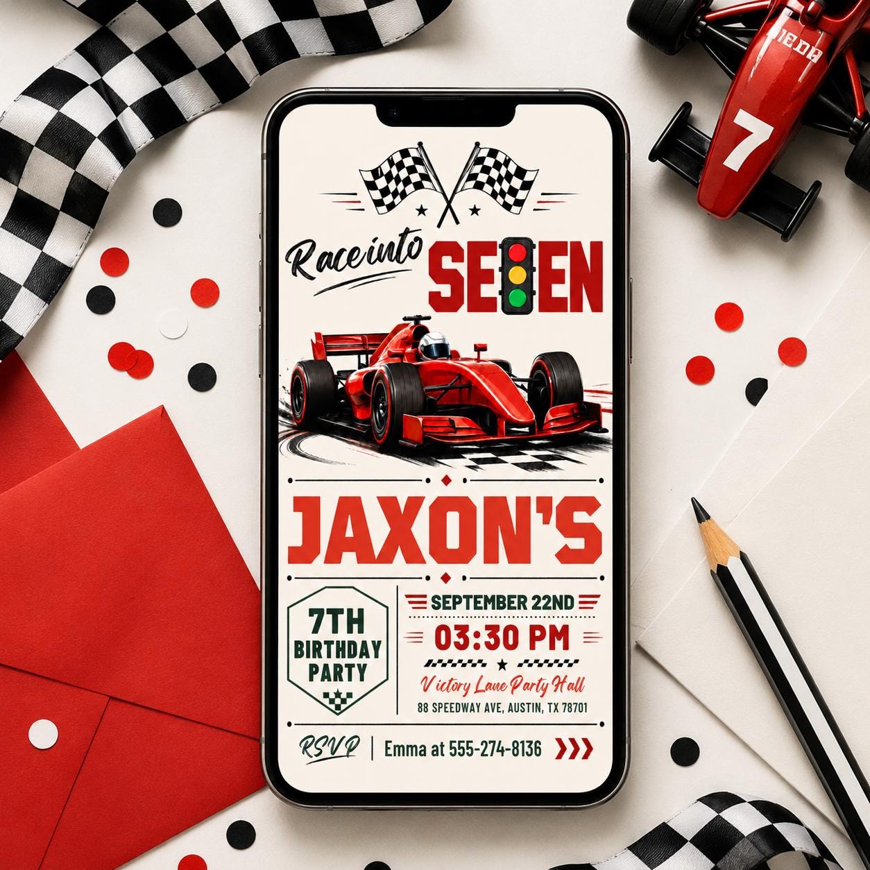 Race Into Seven Invitation, Fast Seven Race Car Invite Fast Five Race Car Birthday Invitation, 7h Birthday Party Invite, Canva Template __etsy:8075570395