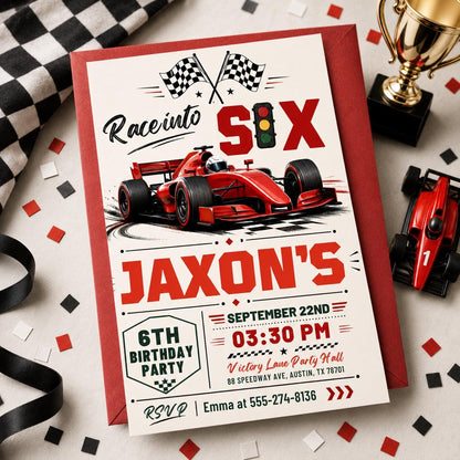 Race Into Six Invitation, Fast Six Race Car Invite Fast Five Race Car Birthday Invitation, 6h Birthday Party Invite, Editable Canva Template __etsy:8027403512