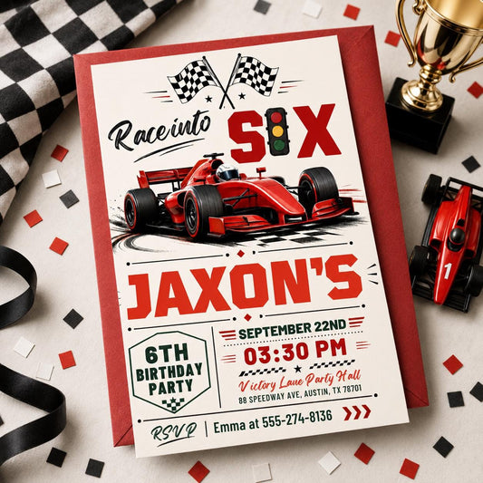 Race Into Six Invitation, Fast Six Race Car Invite Fast Five Race Car Birthday Invitation, 6h Birthday Party Invite, Editable Canva Template __etsy:8027403512