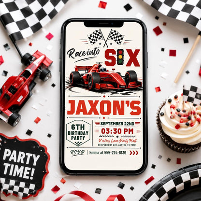 Race Into Six Invitation, Fast Six Race Car Invite Fast Five Race Car Birthday Invitation, 6h Birthday Party Invite, Editable Canva Template __etsy:8027403502