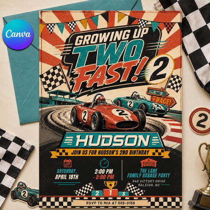 Racing Theme 2nd Birthday, Growing Up Two Fast Birthday Invitation, Race Car Toddler Party Invite, Editable Canva Template __etsy:8072499376