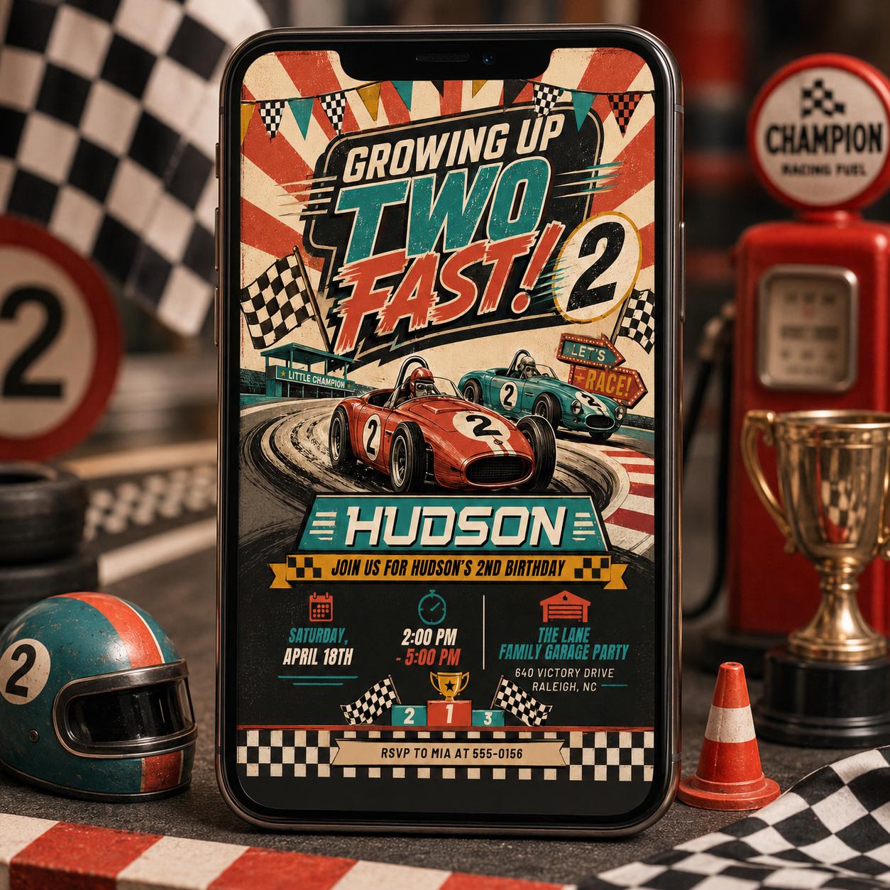 Racing Theme 2nd Birthday, Growing Up Two Fast Birthday Invitation, Race Car Toddler Party Invite, Editable Canva Template __etsy:8072499408