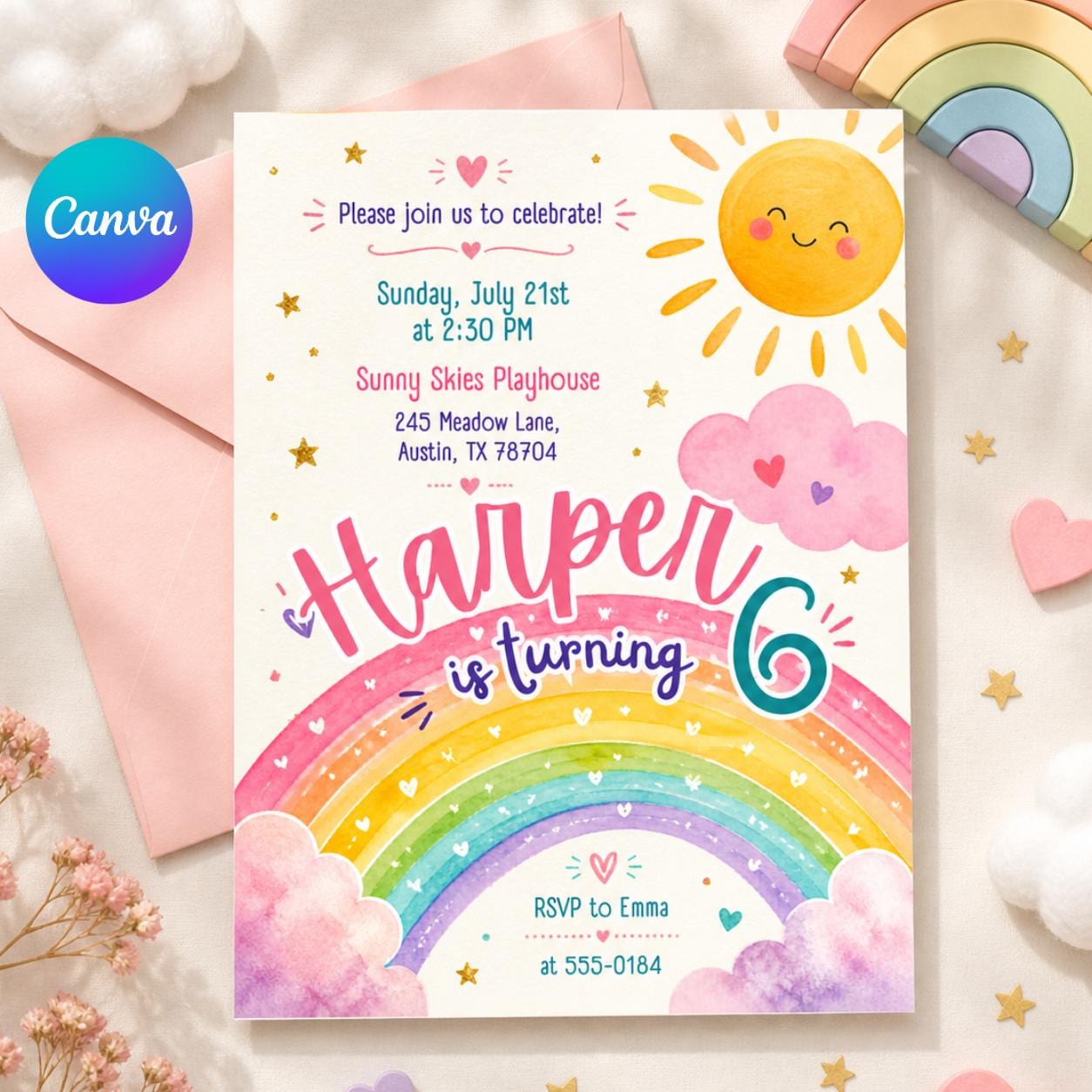 Rainbow Birthday Invitation, Watercolor Rainbow Birthday Party Invitation, Girl Party Invite, Colorful Party Invite, Editable Canva Template __etsy:7987967902