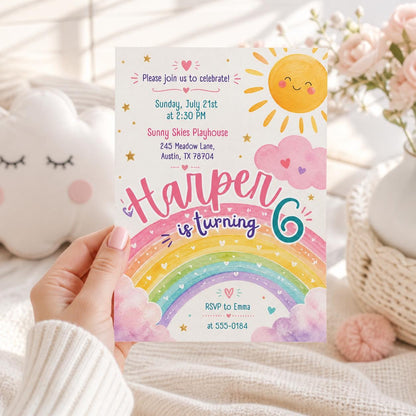 Rainbow Birthday Invitation, Watercolor Rainbow Birthday Party Invitation, Girl Party Invite, Colorful Party Invite, Editable Canva Template __etsy:8032018743
