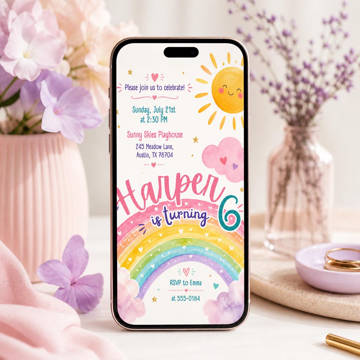 Rainbow Birthday Invitation, Watercolor Rainbow Birthday Party Invitation, Girl Party Invite, Colorful Party Invite, Editable Canva Template __etsy:7984073802
