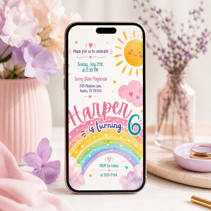 Rainbow Birthday Invitation, Watercolor Rainbow Birthday Party Invitation, Girl Party Invite, Colorful Party Invite, Editable Canva Template __etsy:7984073802
